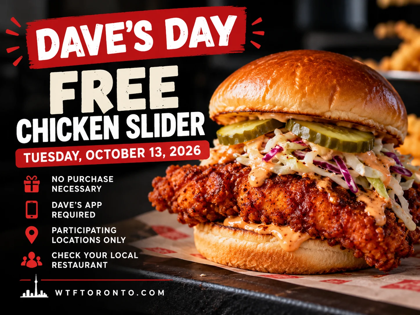 Dave's Day promotional artwork advertising a free chicken slider on October 13, 2026, with no purchase necessary and the Dave's app required.