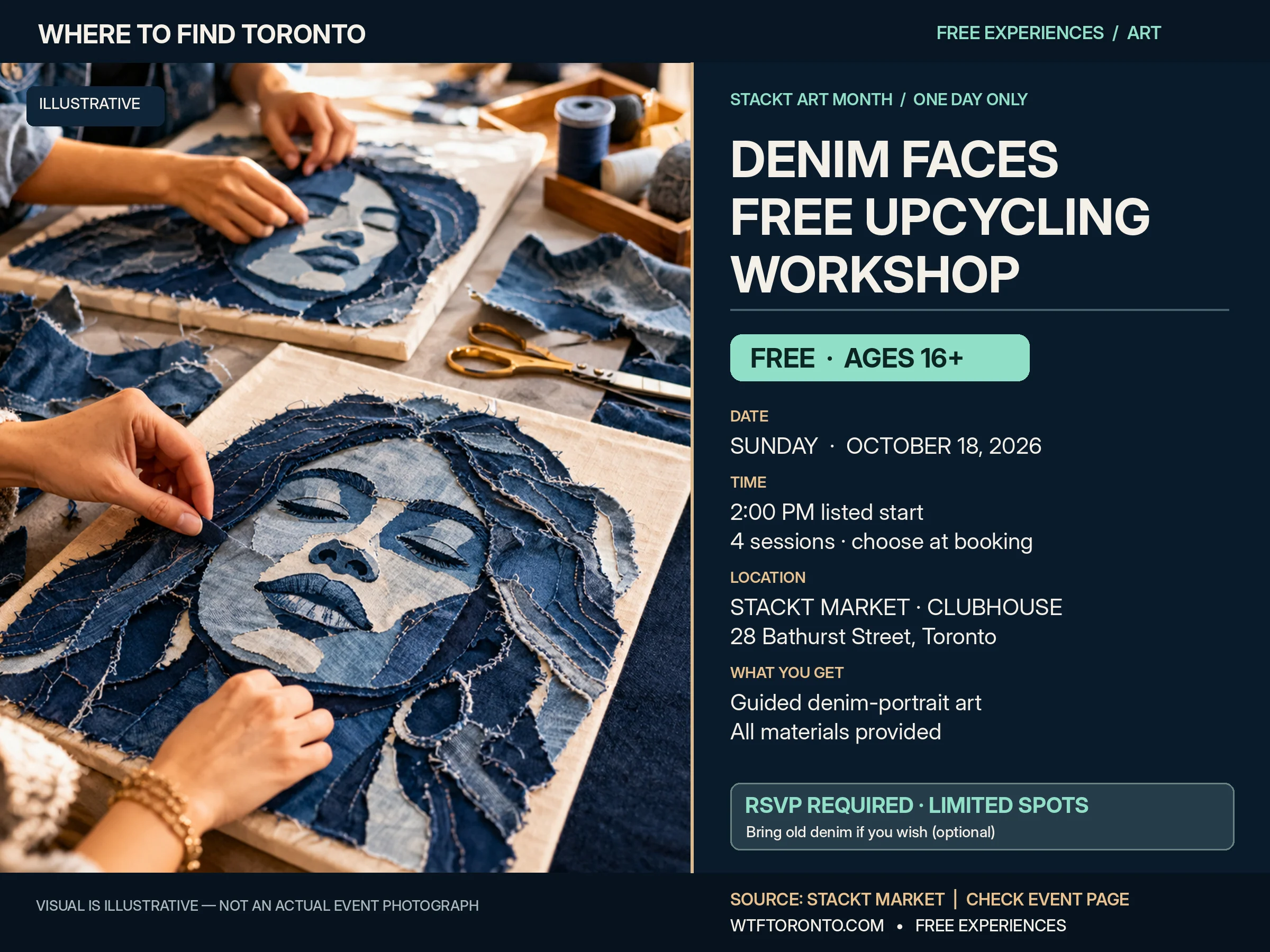 Illustrative Denim Faces workshop poster showing denim portrait art, free registration, the October 18 date, STACKT Market and an age 16+ notice.
