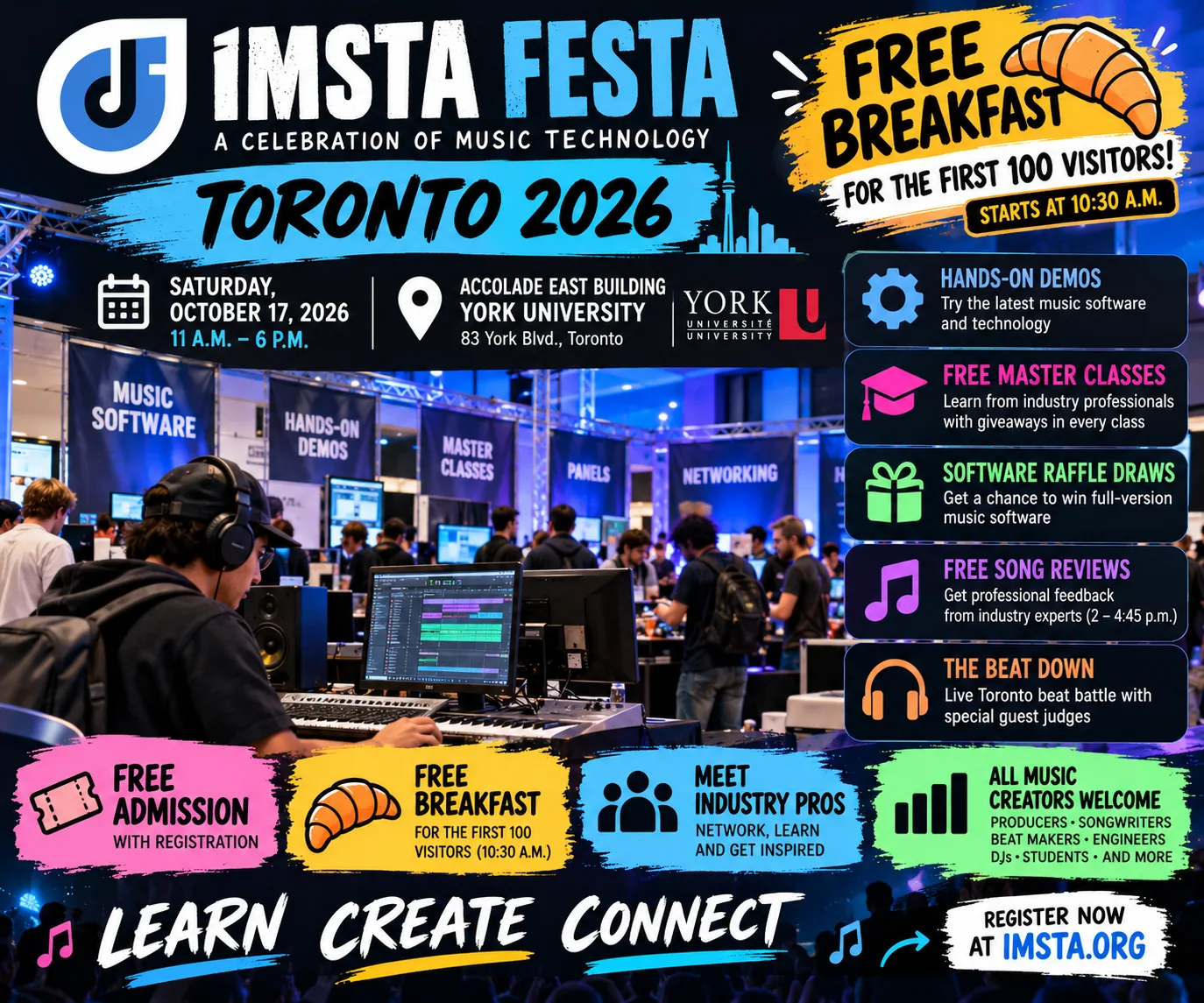 Promotional artwork for IMSTA FESTA Toronto 2026 at York University's Accolade East Building.
