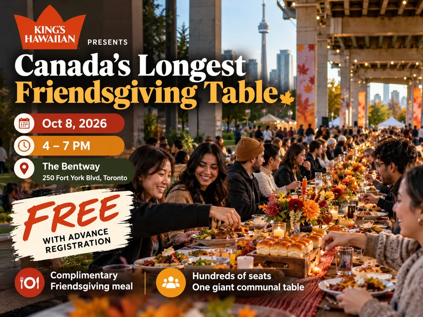 King’s Hawaiian promotional poster for Canada’s Longest Friendsgiving Table at The Bentway in Toronto on October 8, 2026.