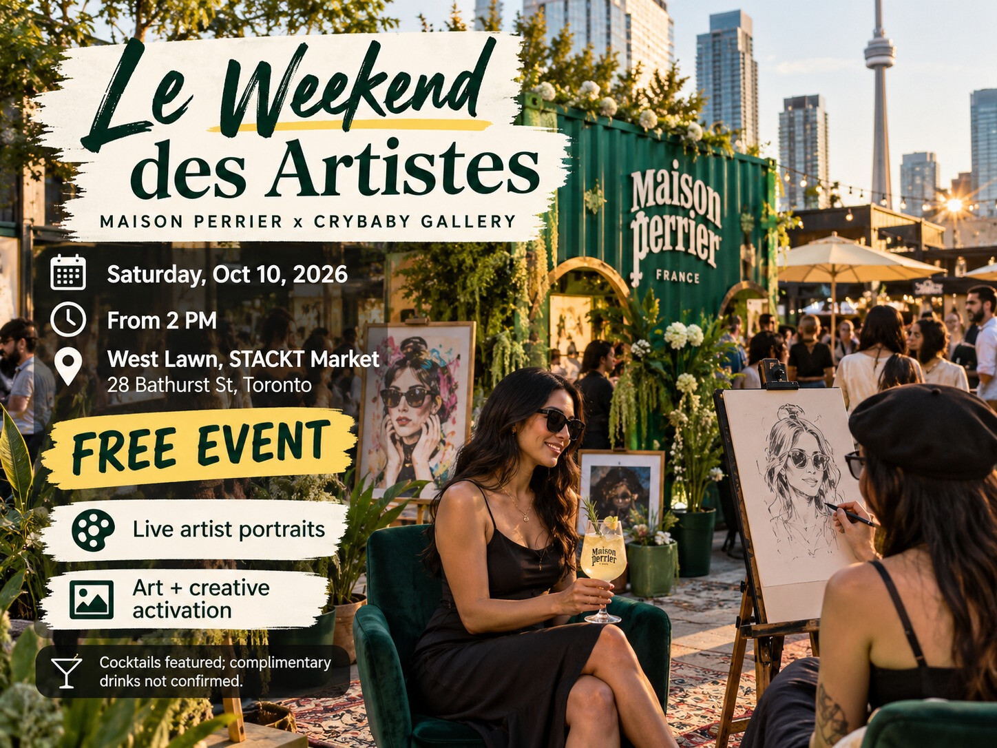 Outdoor Toronto art activation with live portrait drawing, gallery-style artwork and drinks at STACKT Market.