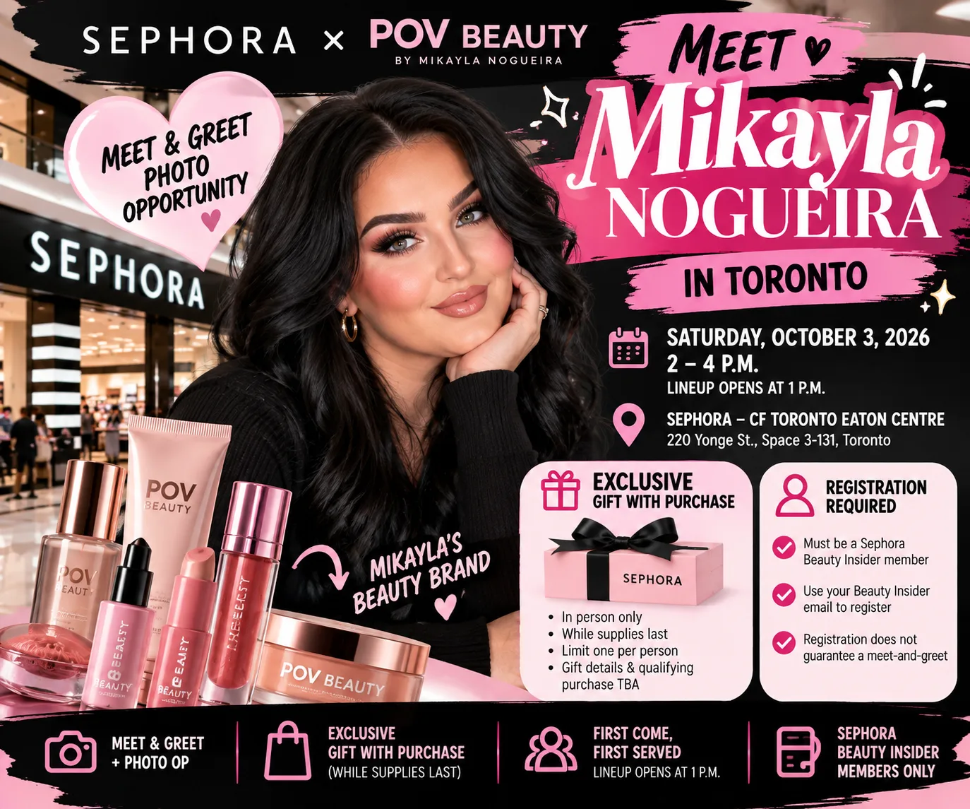 Promotional artwork for Mikayla Nogueira's October 3, 2026 meet-and-greet at Sephora CF Toronto Eaton Centre.