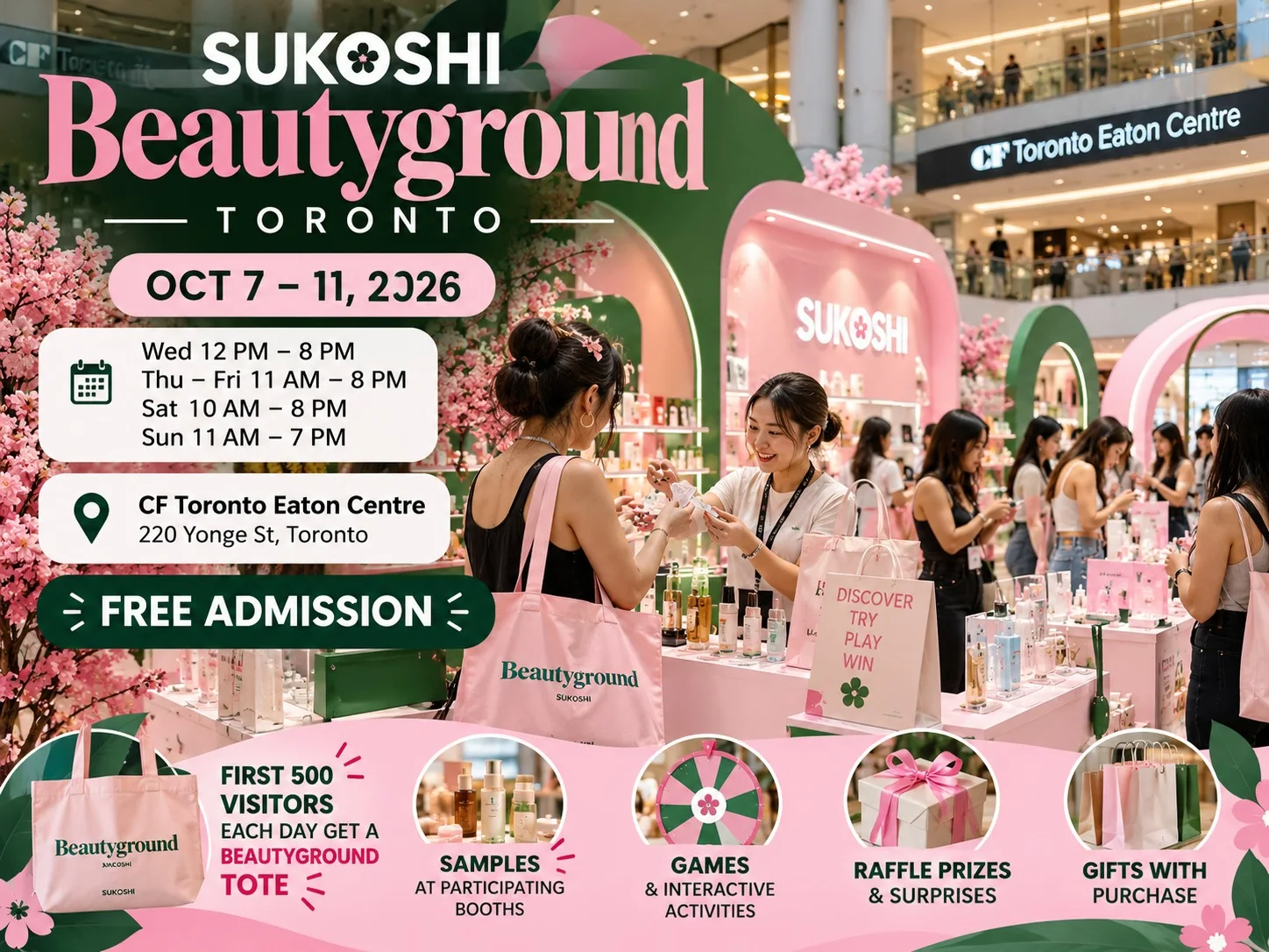 Promotional poster for SUKOSHI Beautyground Toronto, October 7–11, 2026 at CF Toronto Eaton Centre, with free admission, beauty samples, games, raffles and a tote for the first 500 visitors each day.