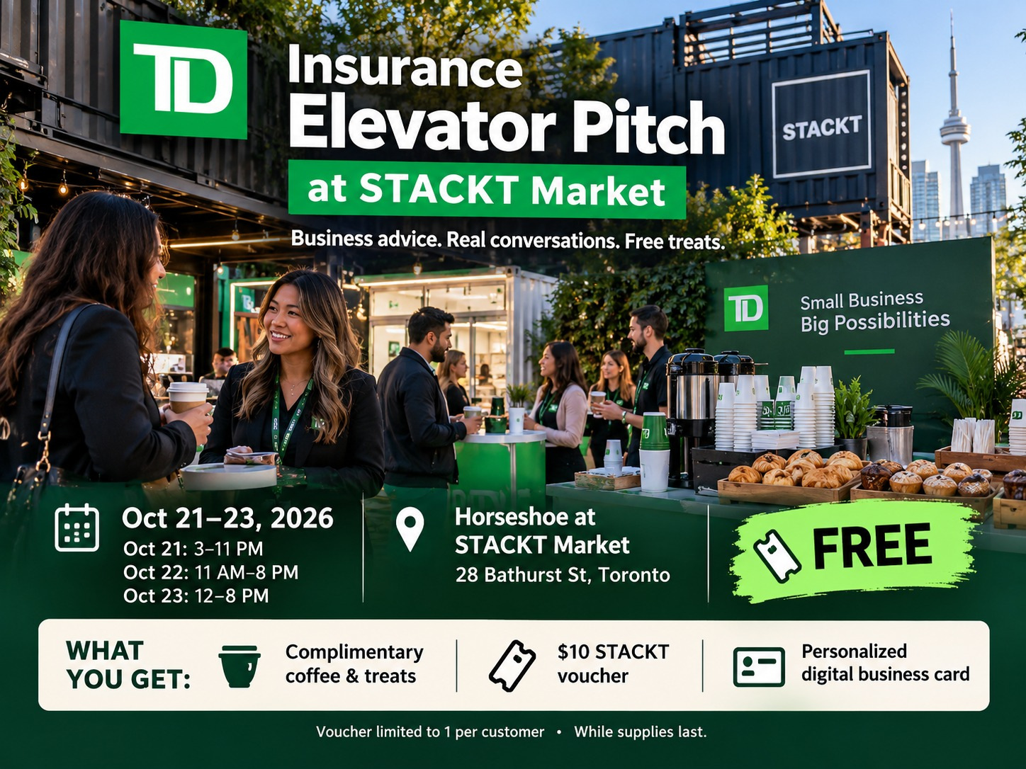 TD Insurance Elevator Pitch at STACKT with complimentary coffee, treats, $10 STACKT voucher and digital business card.