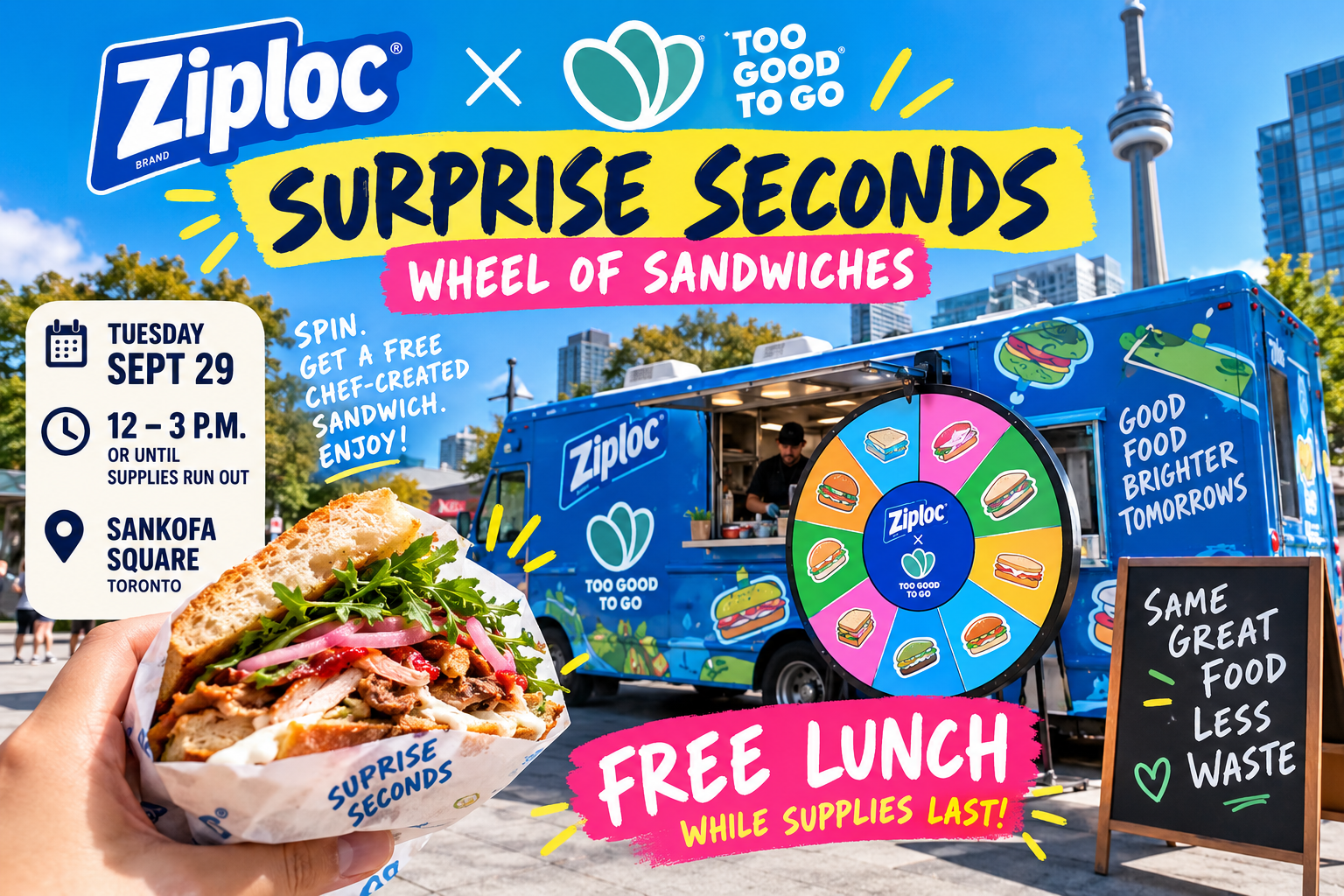 Promotional flyer for Ziploc × Too Good To Go Surprise Seconds at Sankofa Square, advertising a free lunch on September 29.