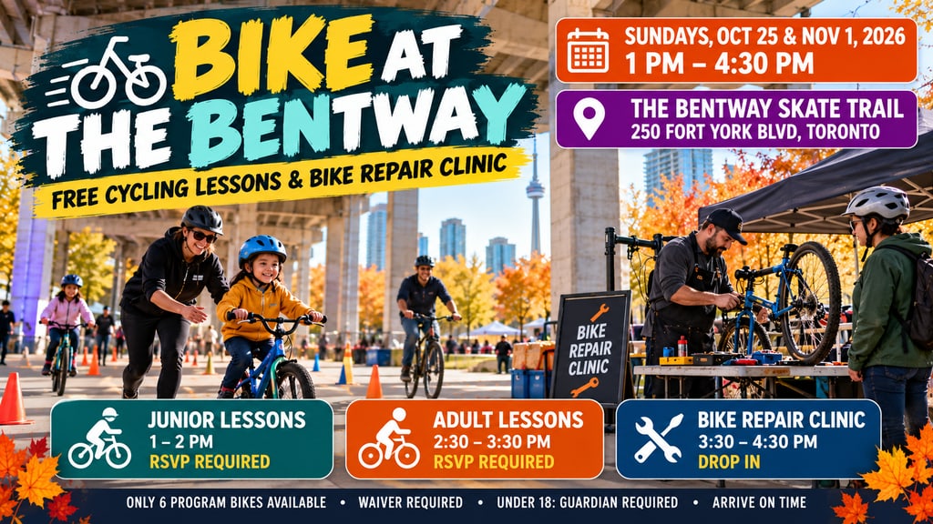 Original promotional illustration for Bike at The Bentway in Toronto, featuring free cycling lessons and a bike repair clinic on October 25 and November 1, 2026.