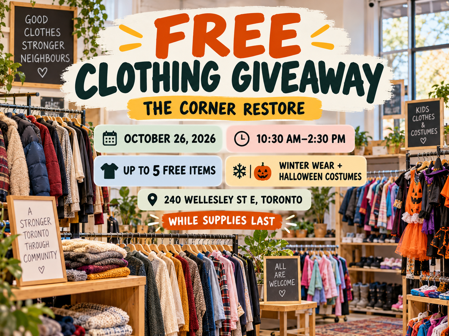 Promotional artwork for The Corner Restore's October 26 clothing giveaway, listing the five-item maximum, winter wear, Halloween costumes, hours, address and while-supplies-last terms.