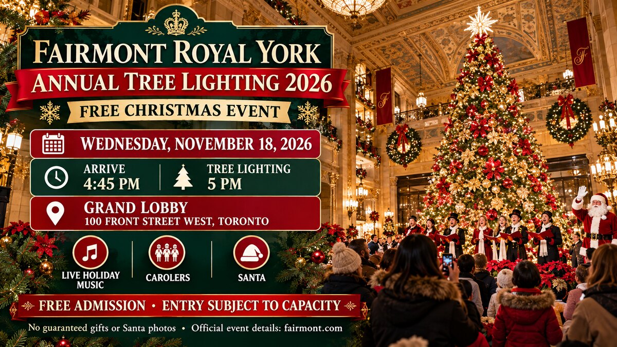 Original promotional illustration for Fairmont Royal York’s free Christmas tree lighting on November 18, 2026, showing Santa, carolers and the Grand Lobby celebration.