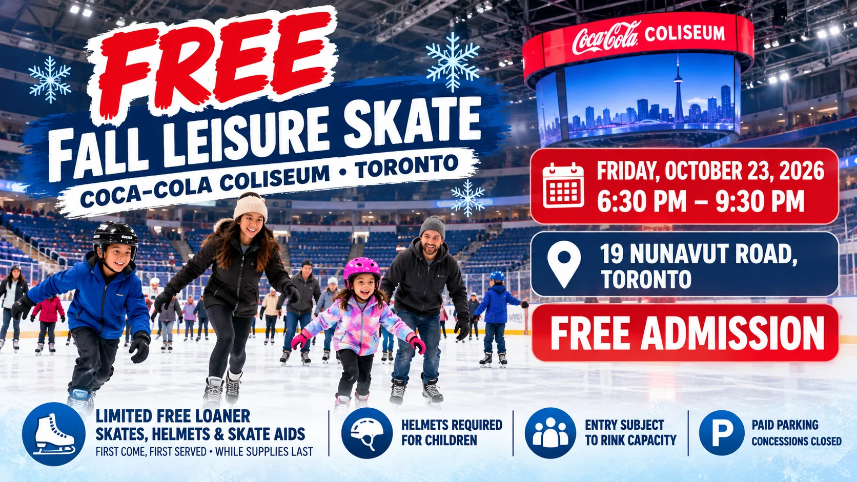 Fall Leisure Skate poster showing the date, hours, venue, free admission and equipment and safety conditions.