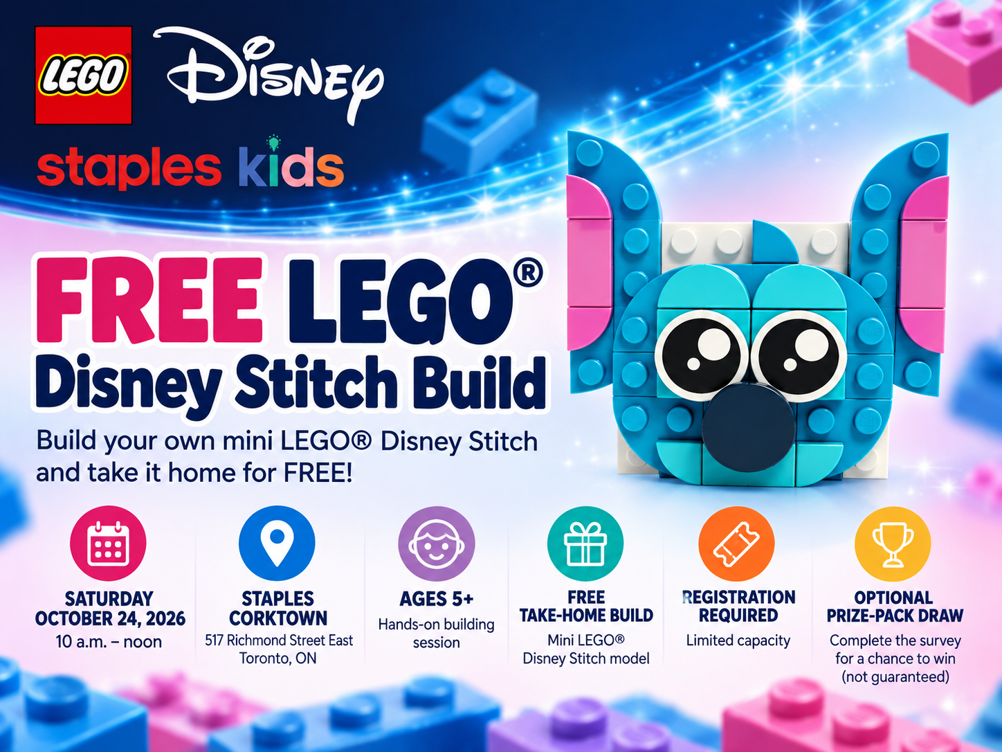 Staples Kids poster for the free LEGO Disney Stitch build at Staples Corktown on October 24, 2026, with registration required.