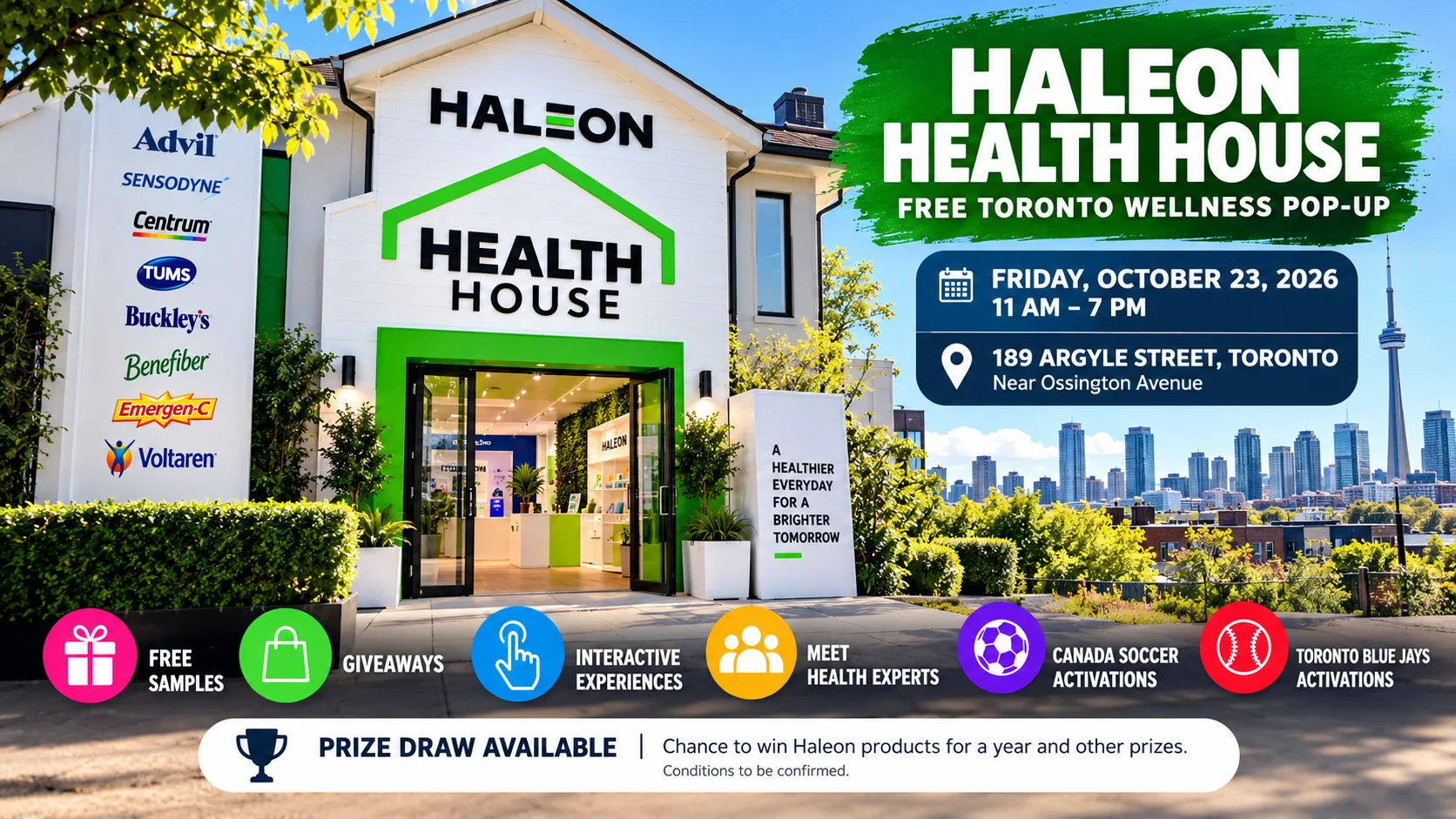 Haleon Health House event artwork with the date, hours, address and advertised activations.