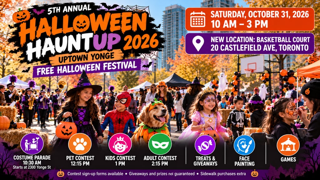 Original promotional illustration for Halloween HauntUP at Uptown Yonge on October 31, 2026, featuring free Halloween activities, a marching-band parade, giveaways and costume contests.