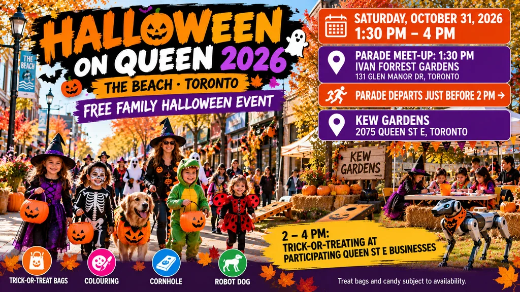 Original promotional illustration for Halloween on Queen 2026 in Toronto's Beach neighbourhood, featuring a costume parade, trick-or-treating, colouring, games and a Robot Dog.