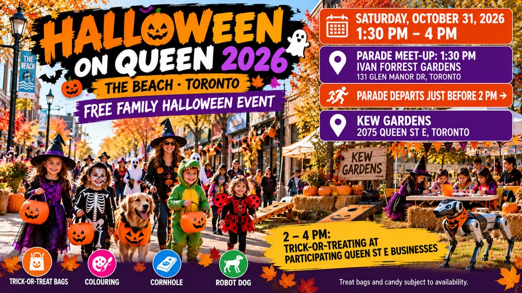 Original promotional illustration for Halloween on Queen 2026 in Toronto's Beach neighbourhood, featuring a costume parade, trick-or-treating, colouring, games and a Robot Dog.