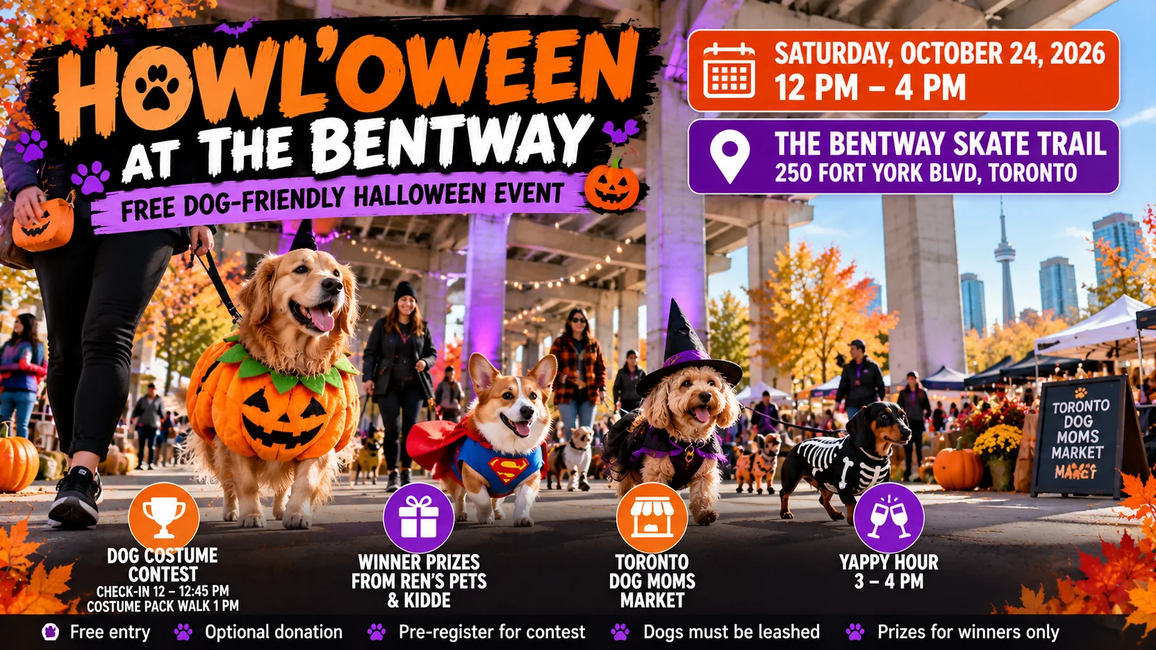 Photorealistic editorial illustration for Howl’oween at The Bentway in Toronto on October 24, 2026, featuring costumed dogs, a Halloween contest, prizes and a pet market.