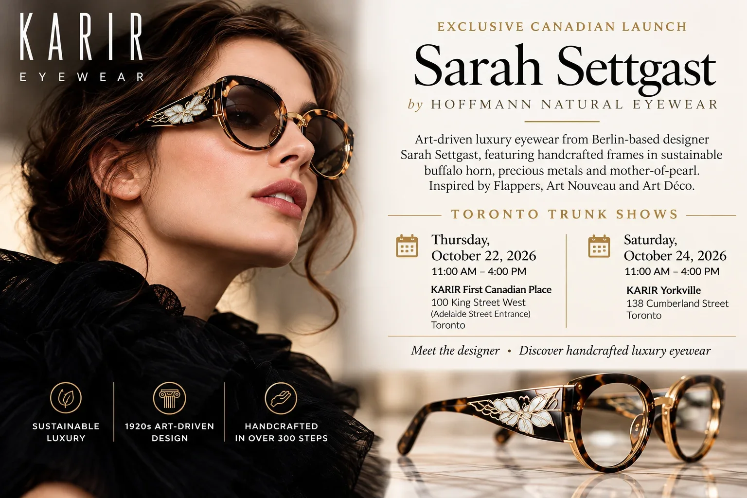 KARIR Eyewear promotional flyer for Sarah Settgast by HOFFMANN Natural Eyewear, with trunk show dates and locations in Toronto on October 22 and 24, 2026.