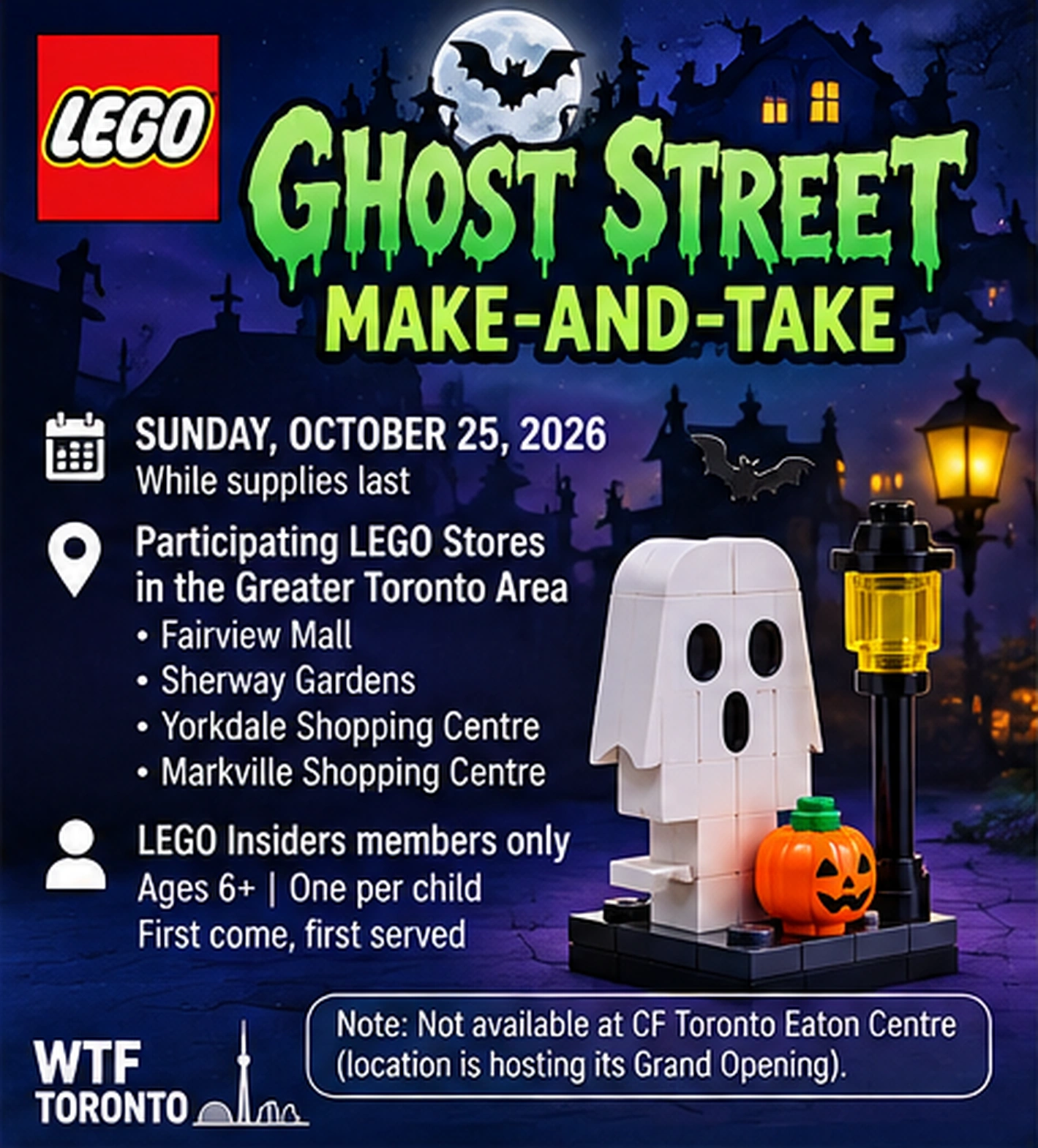 Promotional poster for LEGO Ghost Street, a free Halloween make-and-take for LEGO Insiders ages 6 and older.