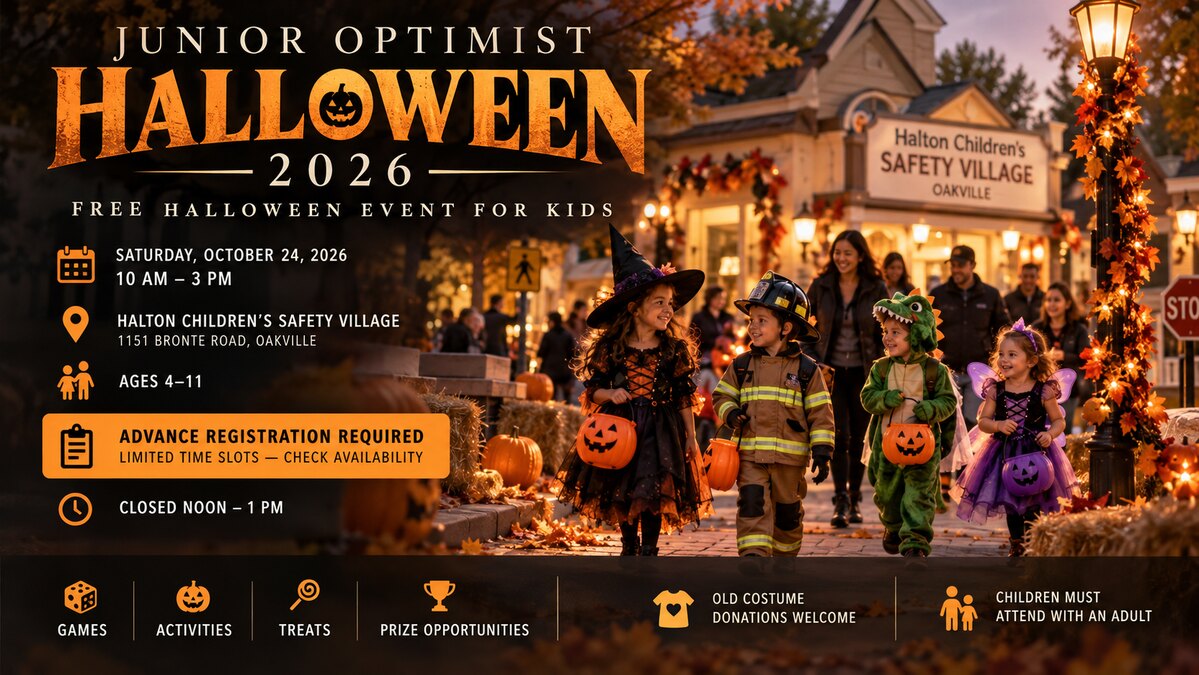 Original promotional illustration for the free Oakville Junior Optimist Halloween Event on October 24, 2026, featuring Halloween activities for children ages four to eleven at Halton Children’s Safety Village.