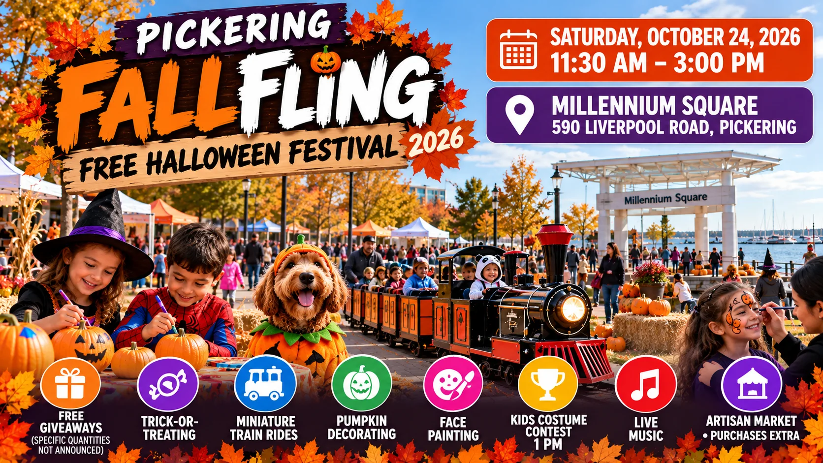 Promotional illustration for Pickering Fall Fling 2026 at Millennium Square, 590 Liverpool Road, on October 24, featuring trick-or-treating, giveaways, train rides and Halloween crafts.