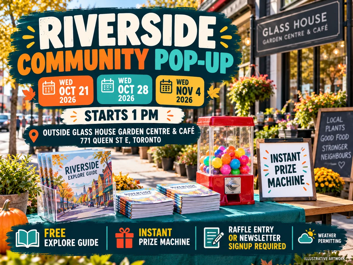 Illustrative Riverside Toronto community pop-up promotional card showing free neighbourhood guides and conditional instant-prize activity on October 21, 28 and November 4, 2026.