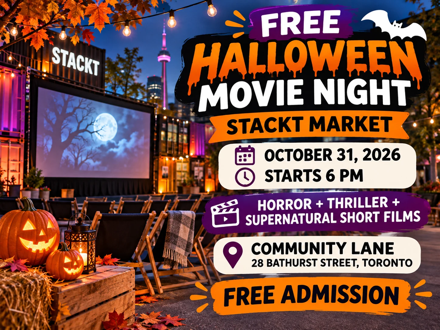 Promotional poster for STACKT Market's free Halloween Movie Night on October 31, 2026, starting at 6 p.m. in Community Lane, featuring horror, thriller and supernatural short films.