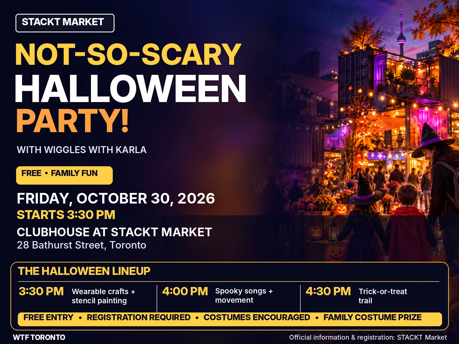 STACKT Not-So-Scary Halloween Party promotional poster featuring the 3:30, 4 and 4:30 p.m. activity schedule.