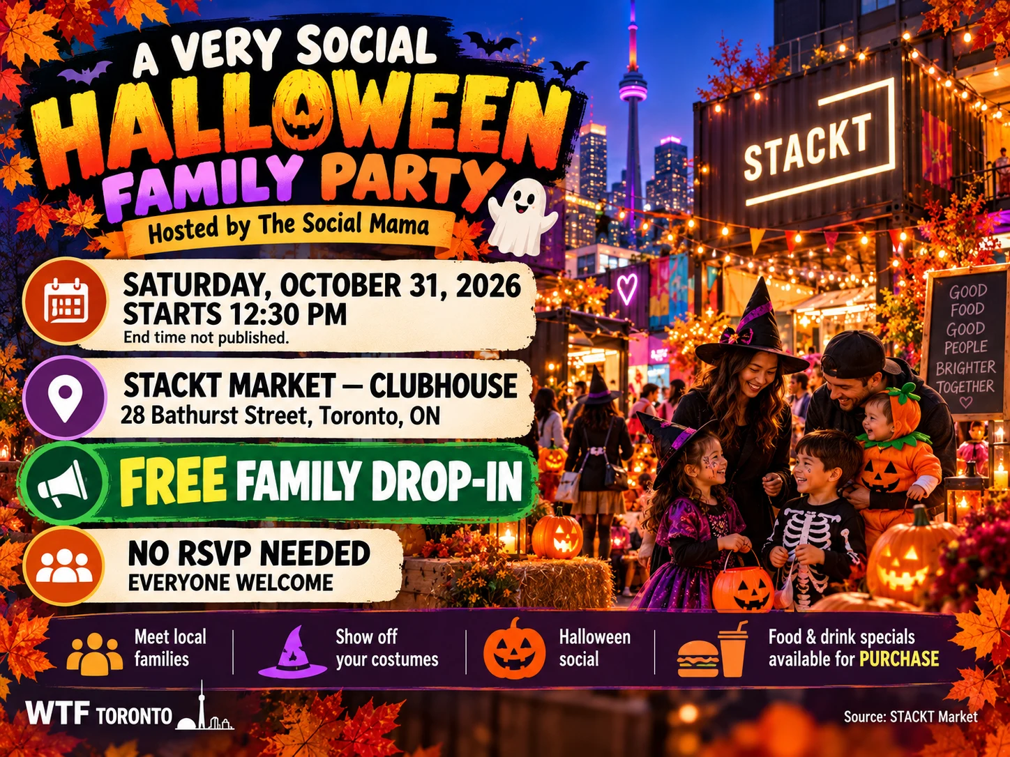 Promotional poster for STACKT's Social Mama Halloween Family Party.