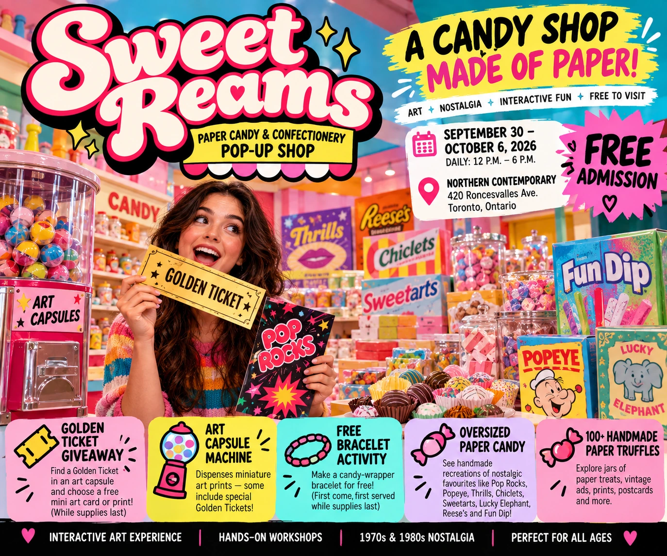 Sweet Reams: Paper Candy & Confectionery Pop-Up Shop poster for September 30–October 6, 2026, at Northern Contemporary in Roncesvalles.