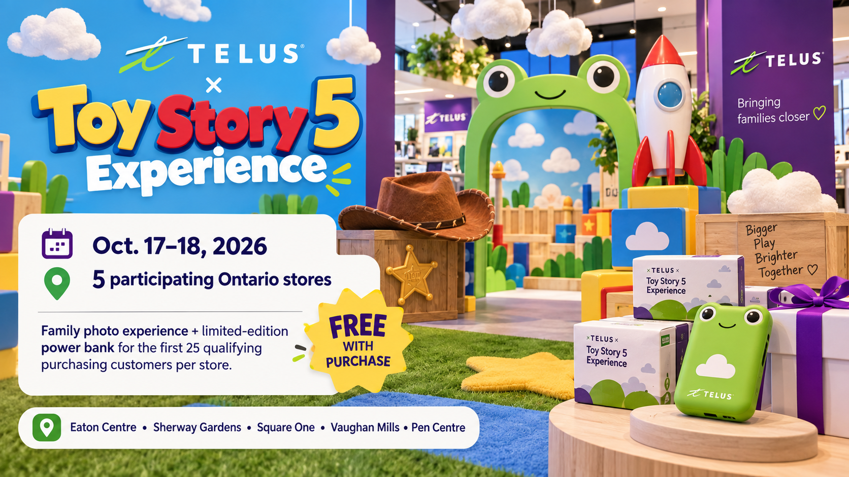 Illustrative promotional artwork for the TELUS and Toy Story 5 store activation; it is not a documentary photograph of the event.