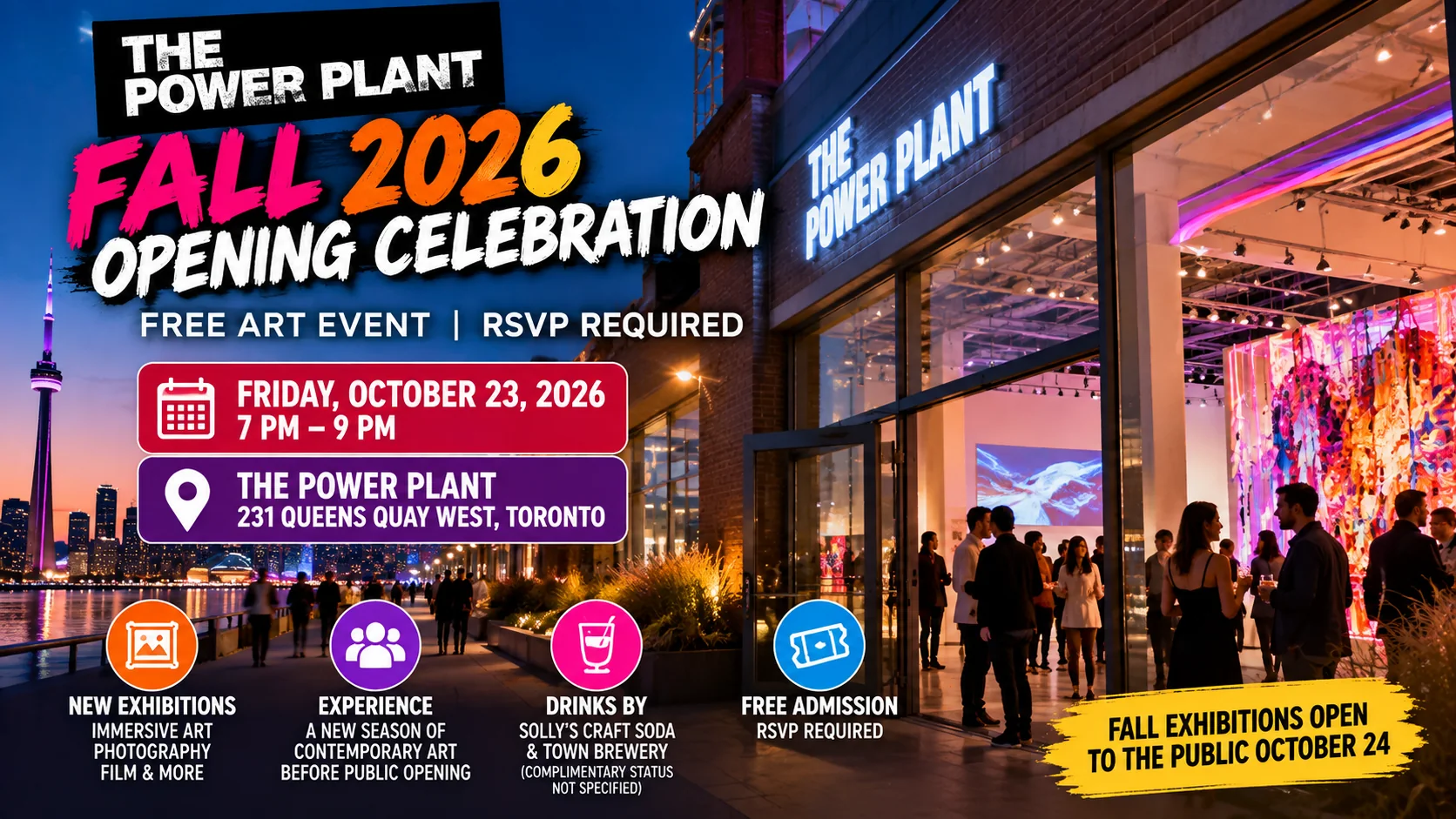 Original promotional illustration for The Power Plant Fall 2026 Opening Celebration on October 23 in Toronto, featuring contemporary art and free admission with required RSVP.