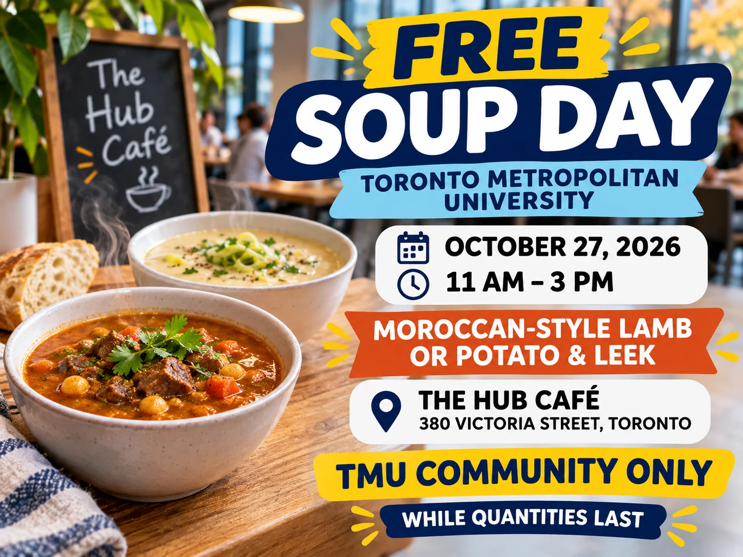 Promotional poster for Free Soup Day at Toronto Metropolitan University on October 27, 2026, with Moroccan-style lamb or potato-and-leek soup at The Hub Café for the TMU community while quantities last.