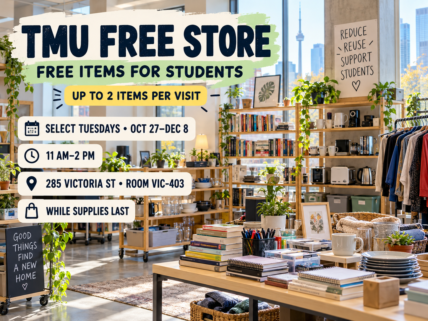 TMU Free Store promotional artwork showing free items for students, a two-item visit limit, select Tuesday dates, 11 a.m.–2 p.m., and room VIC-403.