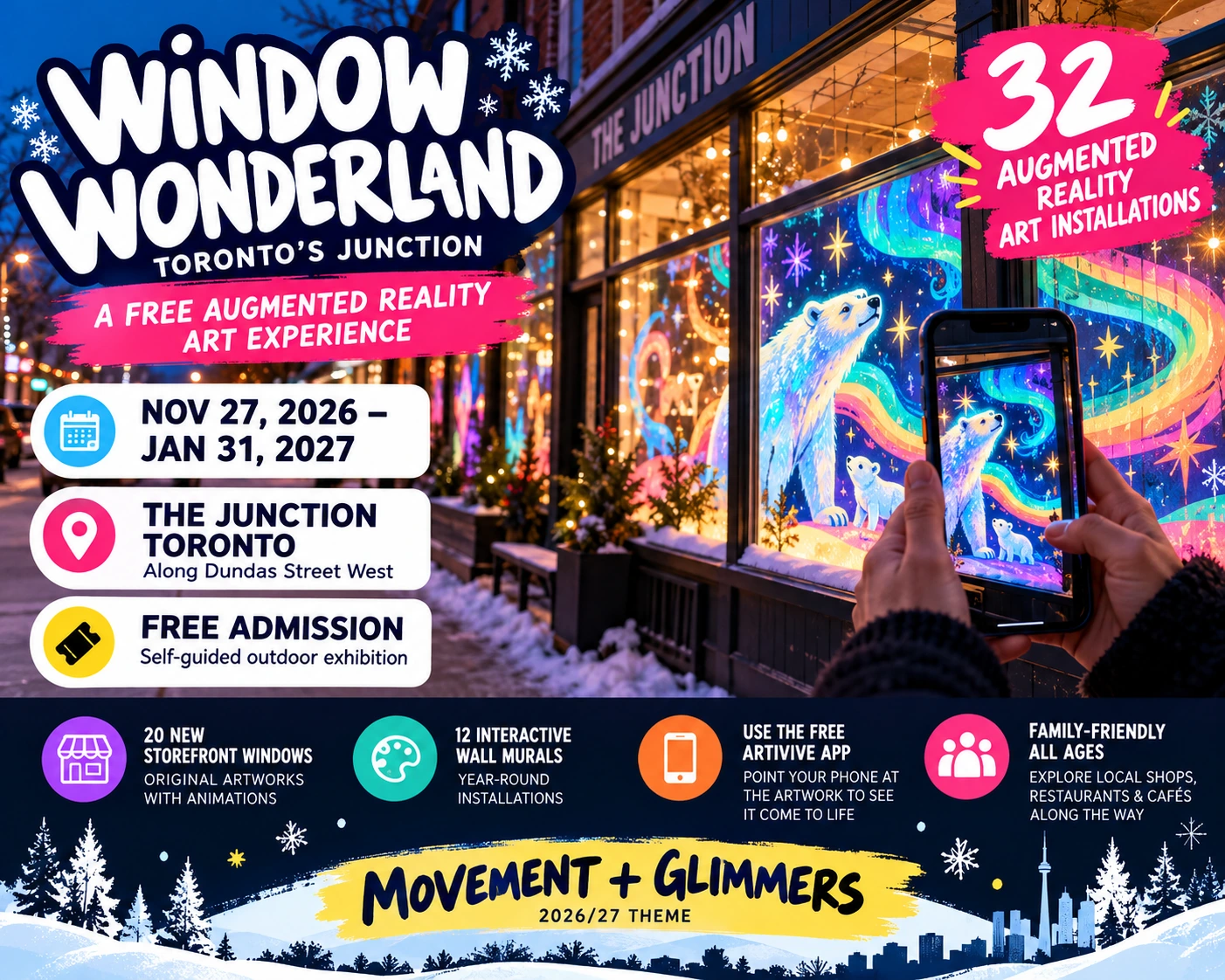 Window Wonderland 2026/27 illustrated poster, showing an augmented-reality artwork in a Junction storefront and the exhibition dates, free admission, and 32-installation count.