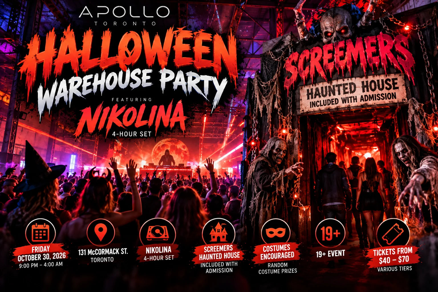 Apollo Presents Nikolina Halloween warehouse event poster