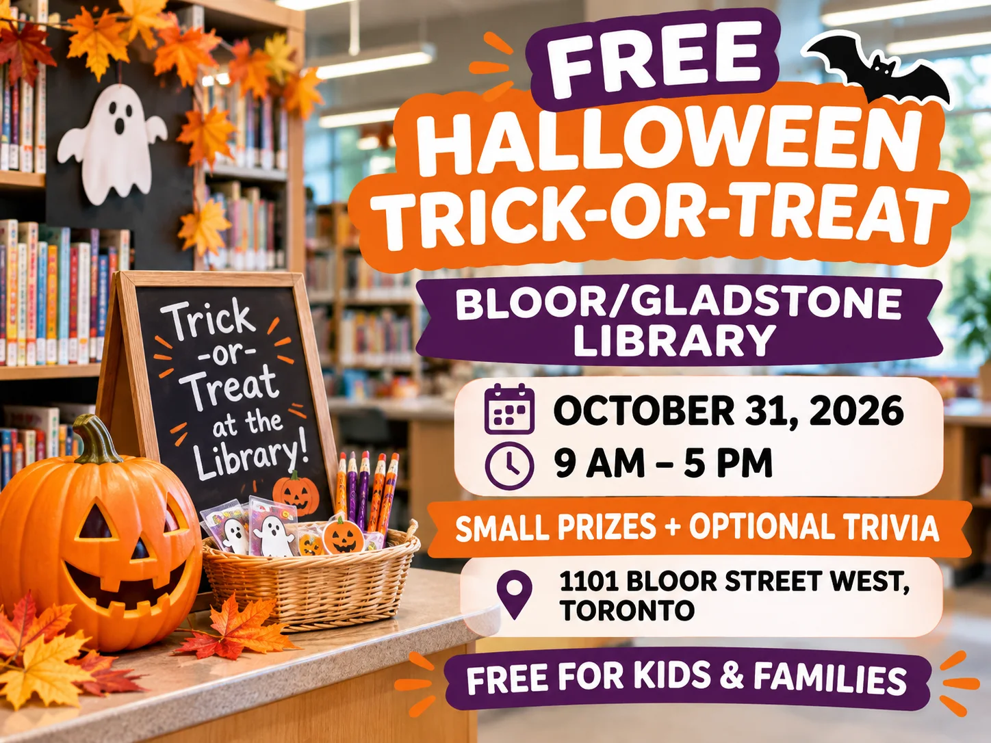 Bloor/Gladstone Library Halloween trick-or-treat event in Toronto on October 31, 2026, offering small prizes and optional trivia for children.