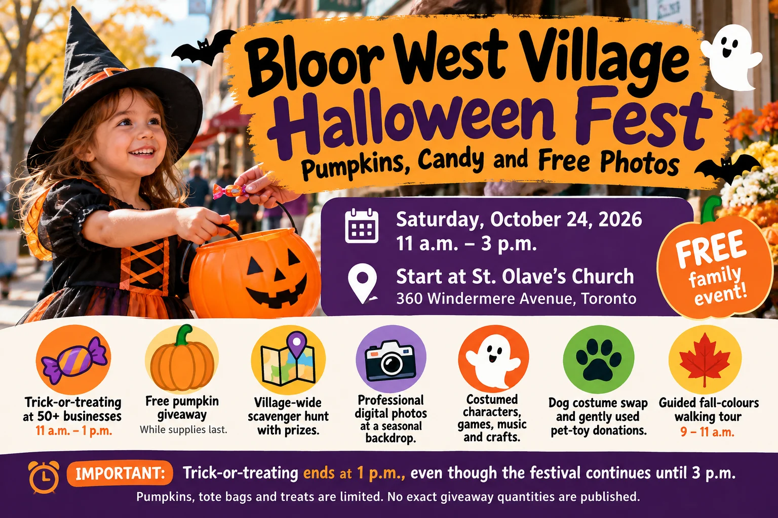 Bloor West Village Halloween Fest poster for October 24, 2026, featuring pumpkins, candy, free photos, a scavenger hunt and family activities.