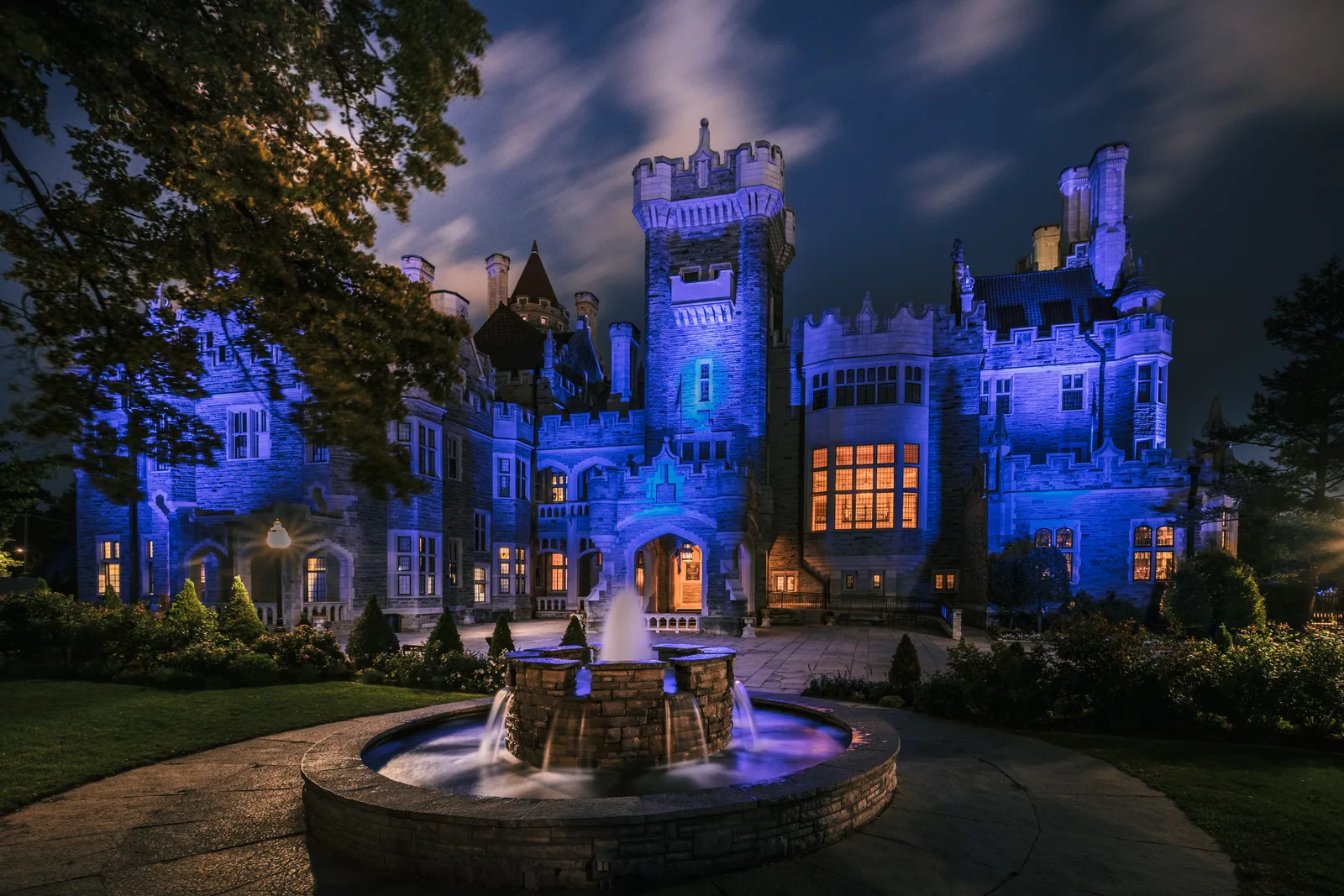 Casa Loma's blue-lit exterior at night in an archive image