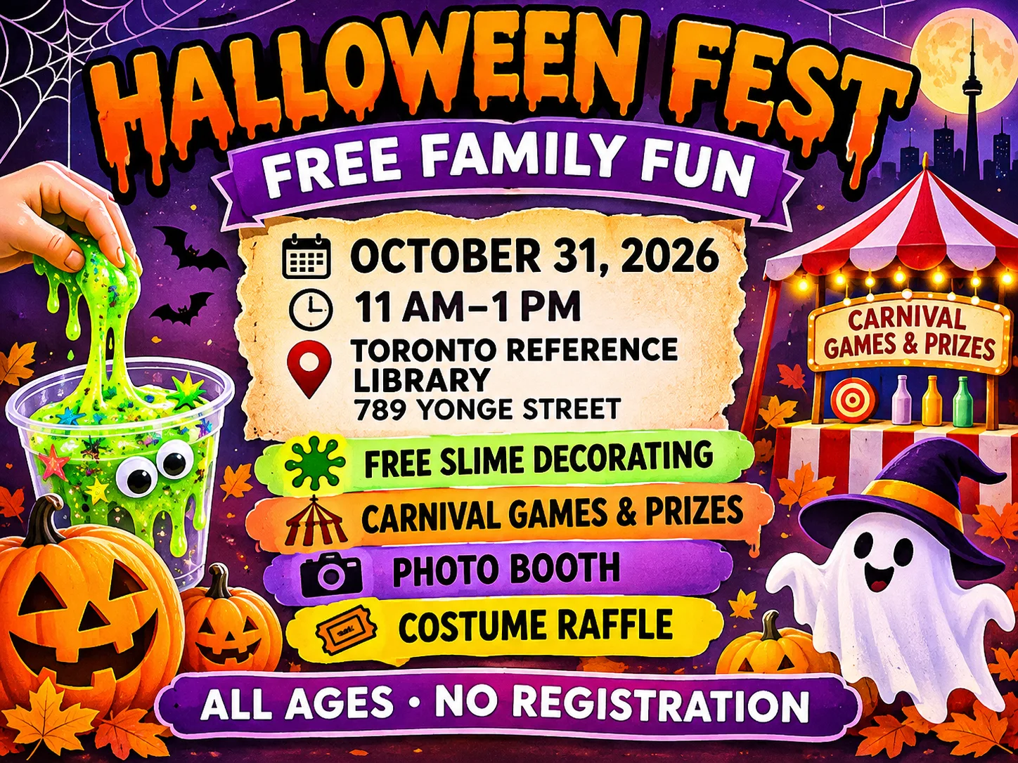 Free Halloween Fest at Toronto Reference Library on October 31, 2026, featuring slime decorating, carnival games, prizes and a costume raffle.
