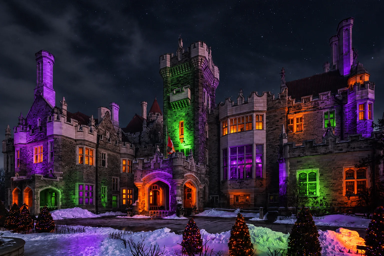 Casa Loma lit in purple, green and orange for a Halloween night in Toronto