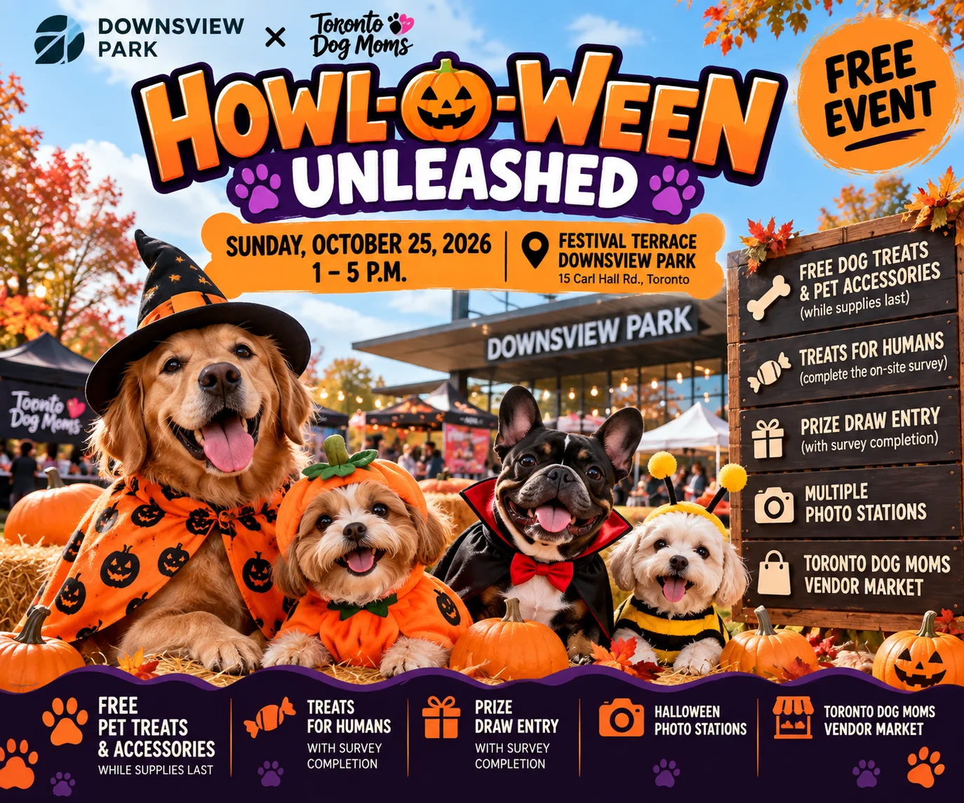Promotional poster for Howl-O-Ween Unleashed 2026 at Downsview Park.
