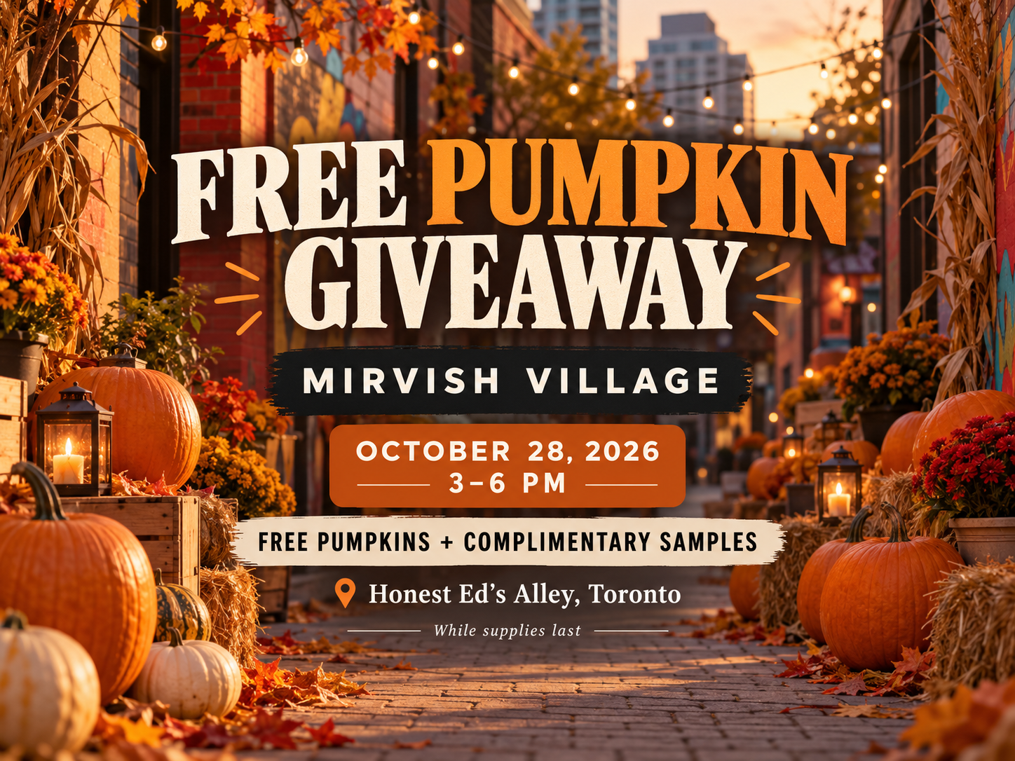 Promotional artwork for Pumpkin Alley at Mirvish Village, advertising free pumpkins and complimentary samples on October 28, 2026.