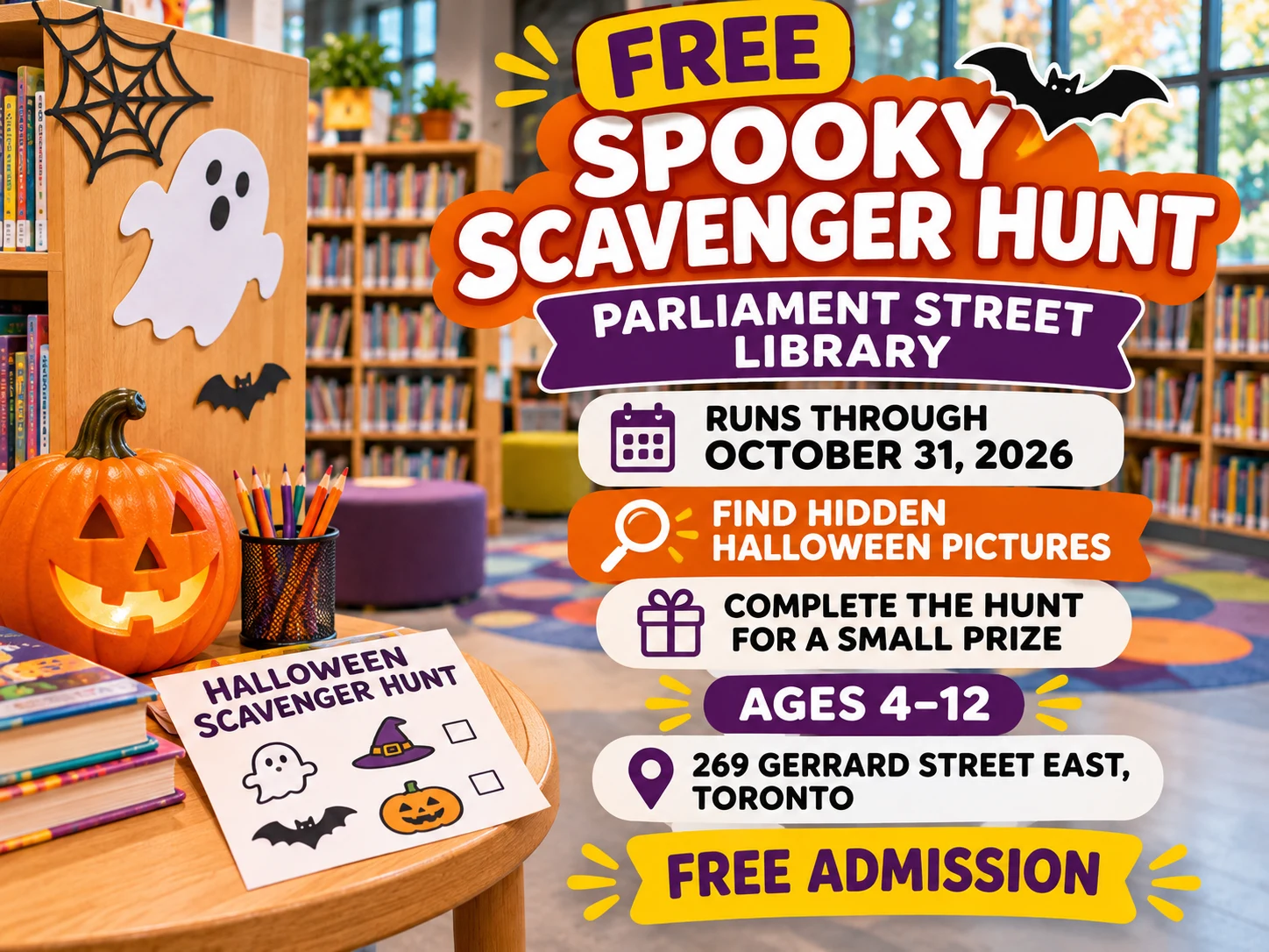 Free Halloween scavenger hunt at Parliament Street Library in Toronto through October 31, 2026, for children ages 4–12.