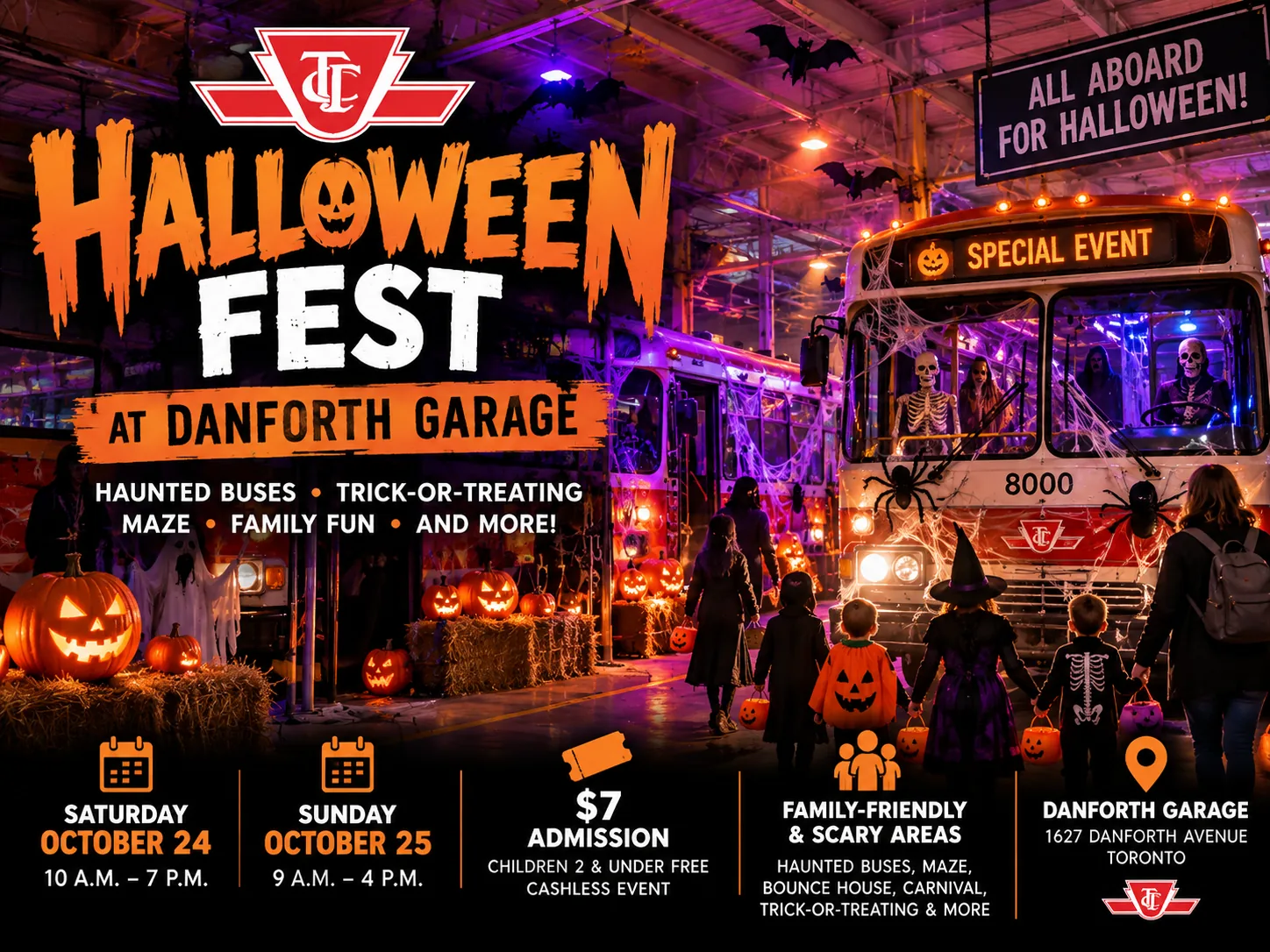 Supplied promotional artwork for TTC Halloween Fest at Danforth Garage, showing decorated buses, family activities, October 24 and 25 hours, and $7 admission.