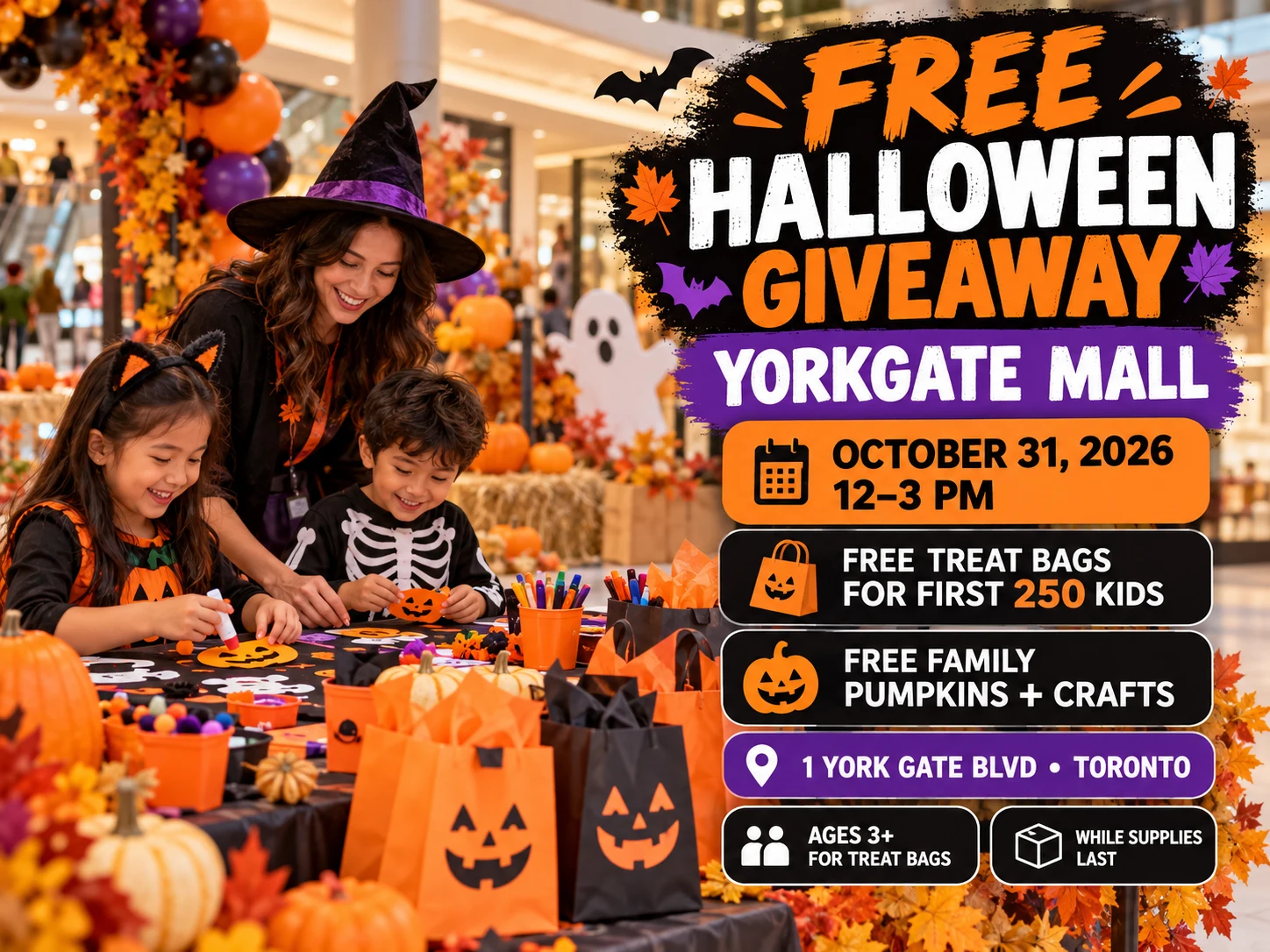 Yorkgate Mall Halloween event in North York on October 31, 2026, with free treat bags for the first 250 eligible children, limited pumpkins and crafts.