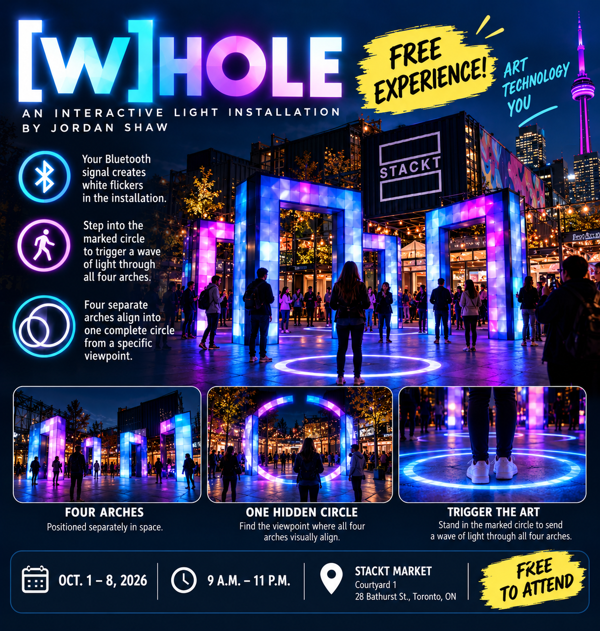 WTFToronto editorial illustration for [W]HOLE: four illuminated arches align as a circle above a marked circle on the ground; this is not a photograph of the installation.